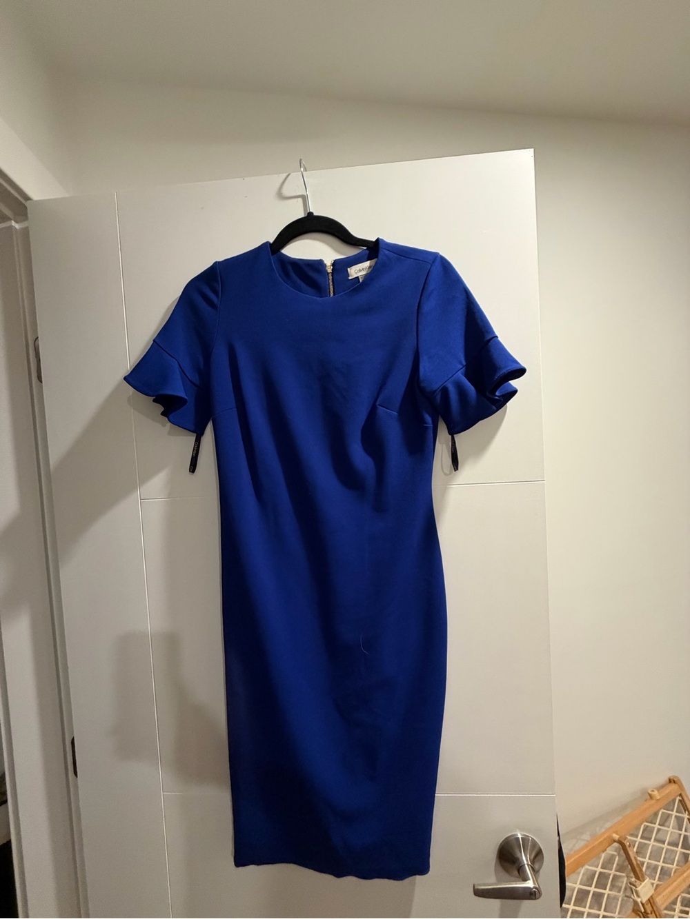 Calvin Klein Cobalt Blue Midi Sheath Dress with Ruffle Sleeves